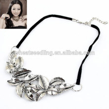Retro leather rope silver leaf necklace